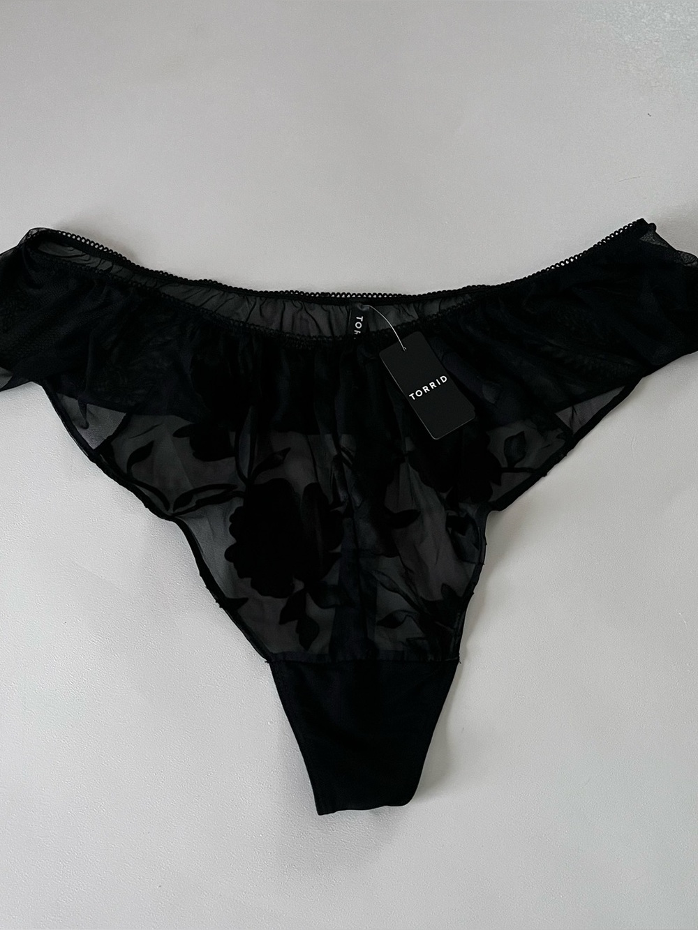 Torrid Black Sheer Floral Ruffle Thong Size 3